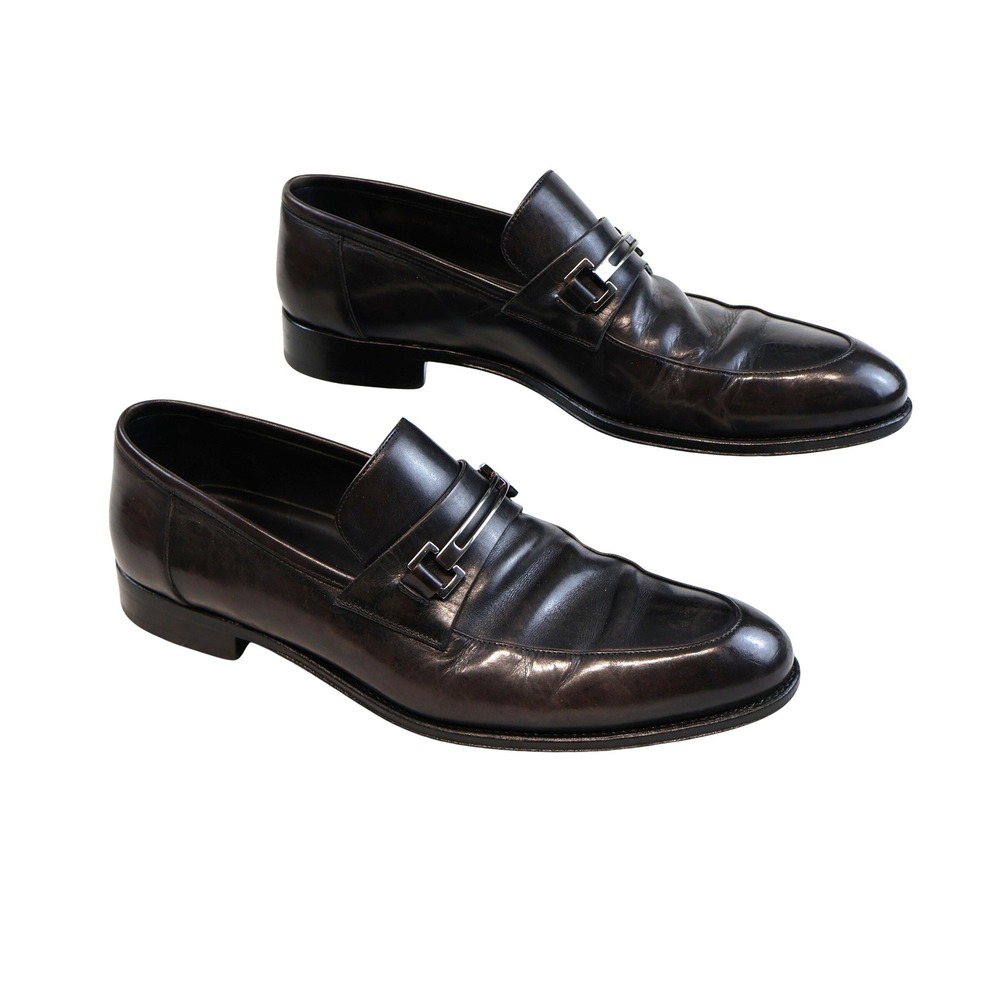 Ermenegildo Zegna Mens 10 D Loafers Dark Brown Leather Metal Bar Made in Italy